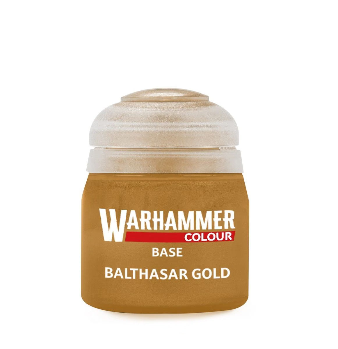 Warhammer Colour Base Balthasar Gold paint jar on a white background
