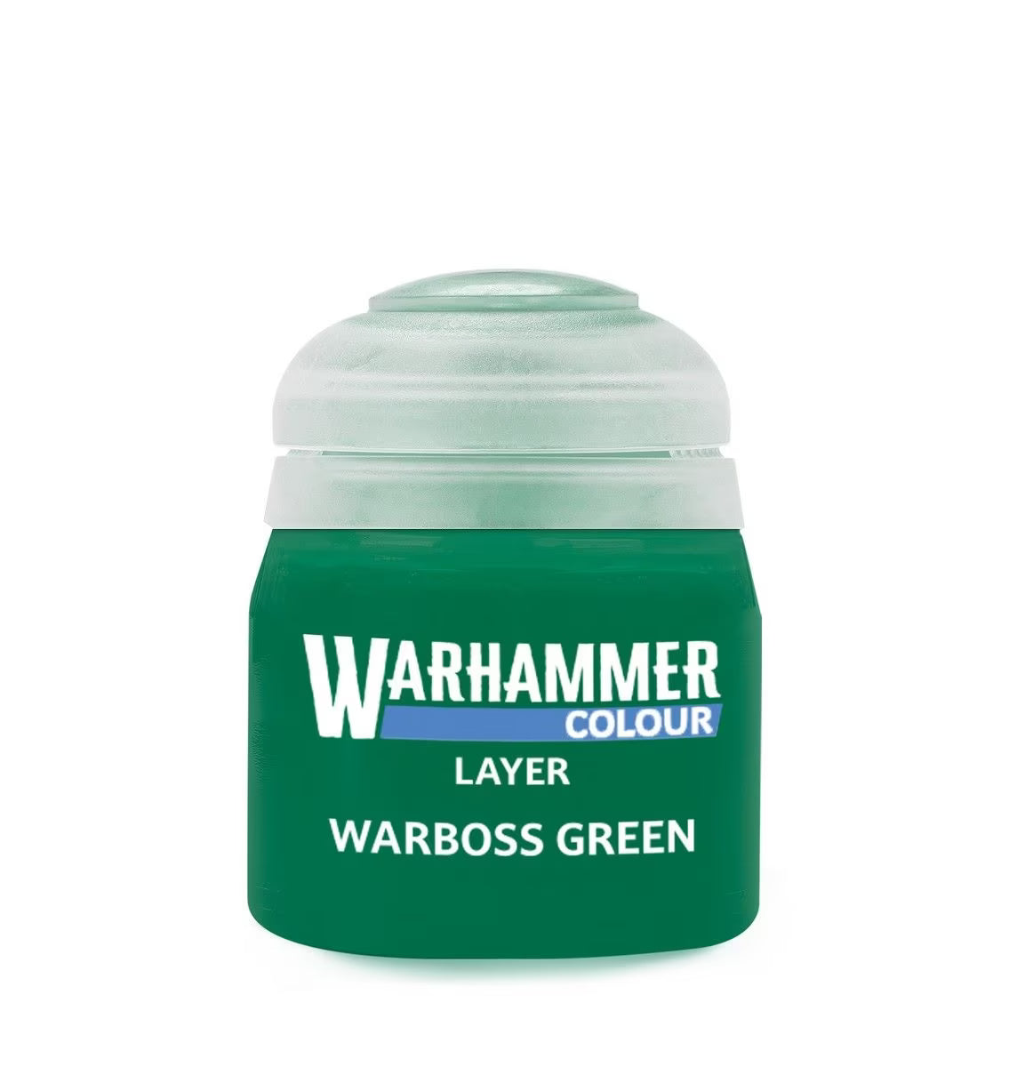 A jar of Warhammer Colour Layer paint in Warboss Green, featuring a translucent green cap and a dark green body with white and blue text, on a plain white background.