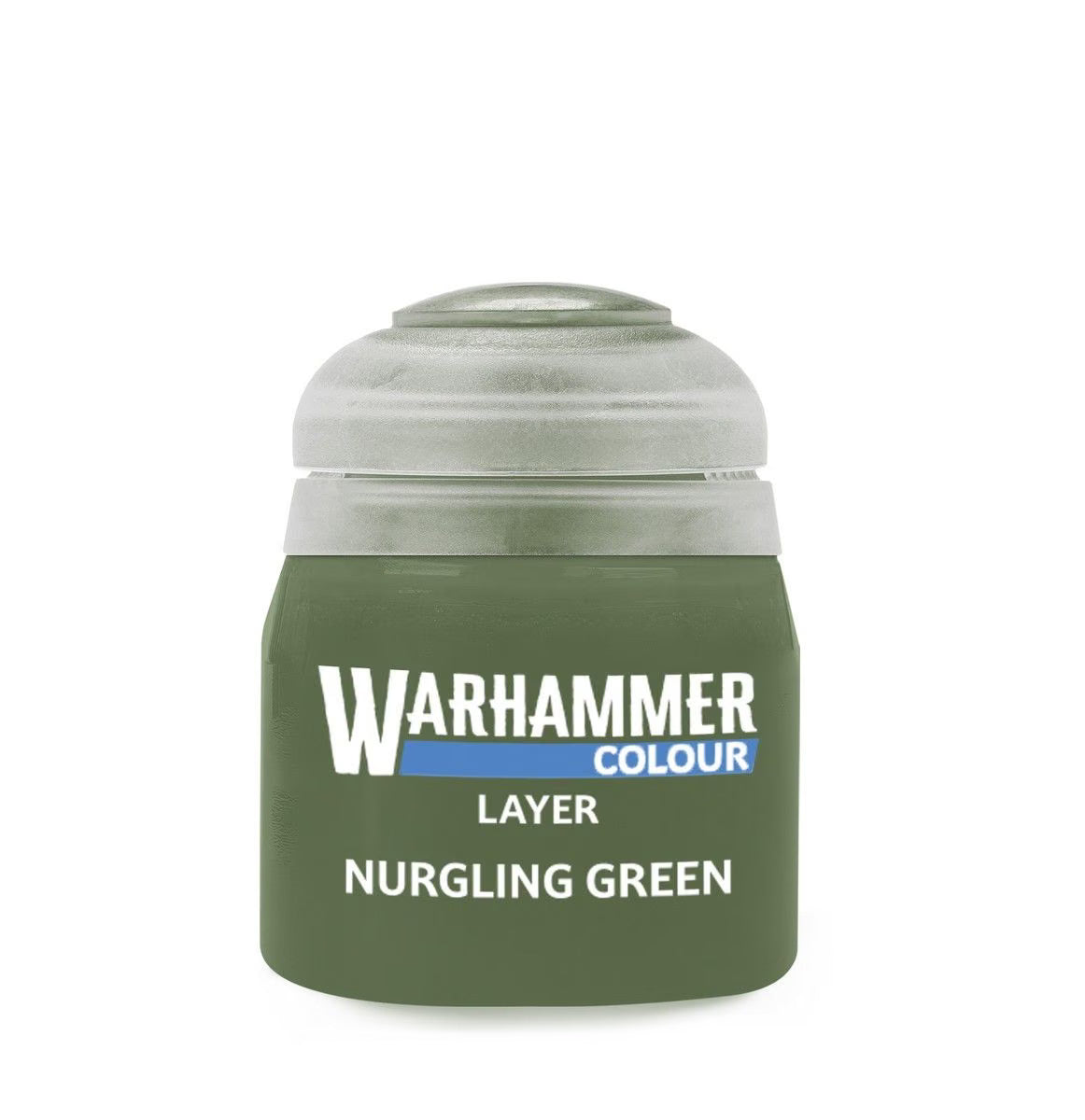 A small jar of Warhammer Colour Layer Nurglining Green acrylic paint on a plain white background.