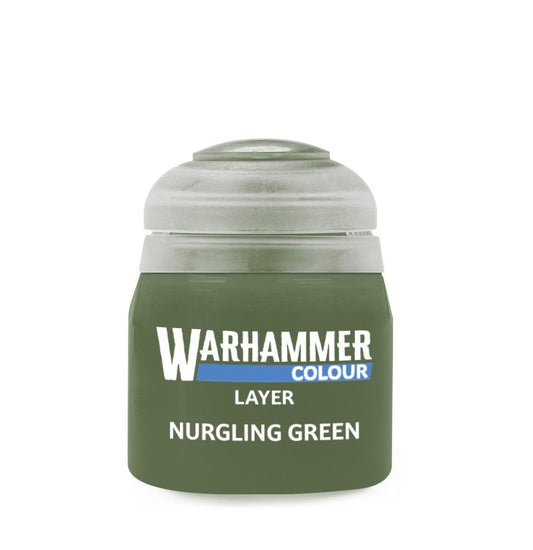 A small jar of Warhammer Colour Layer Nurglining Green acrylic paint on a plain white background.