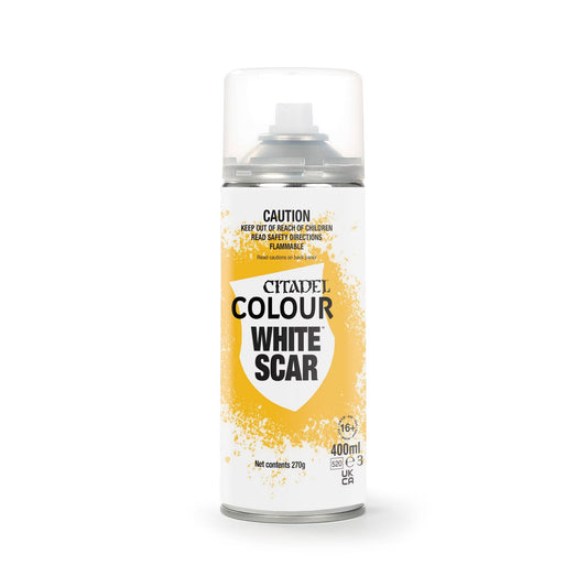 A 400ml aerosol can of Citadel Colour White Scar spray paint, featuring a white label with yellow paint splatter graphics and black text, set against a plain white background.