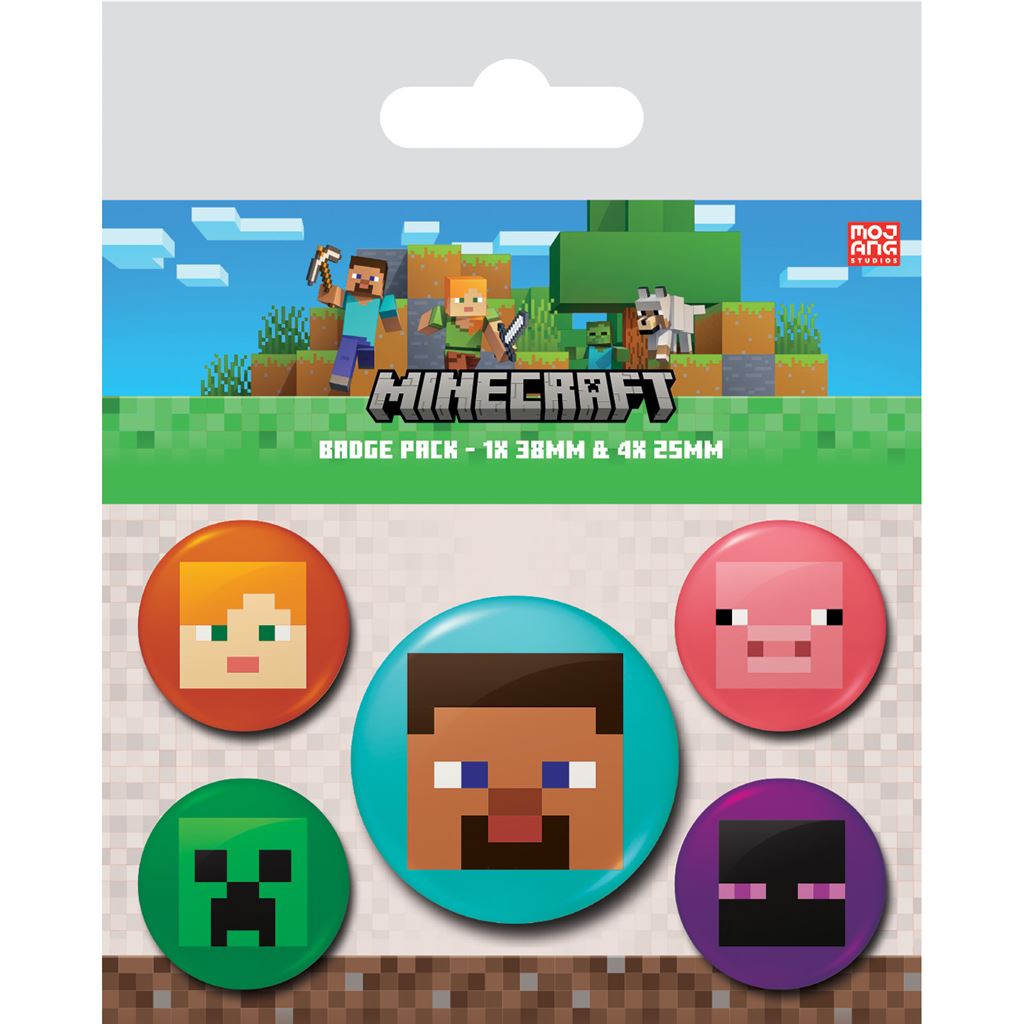 Pack of Minecraft-themed buttons with character faces on a branded packaging.