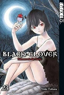 Front cover of the manga volume 'Black Clover: Shammers of Fate Volume 23' by Yuki Tabata, published by Tokyopop. The illustration features a dark-haired girl with horns sitting on a stone, holding a small red-and-white creature, against a moonlit background.