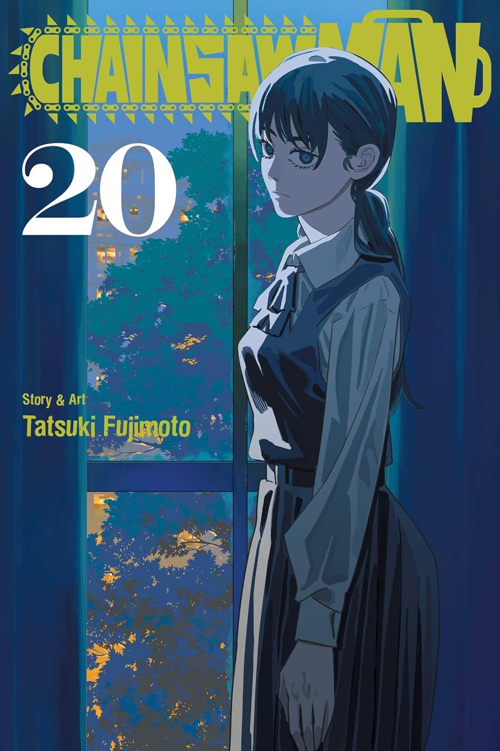 Cover of 'Chainsaw Man' Volume 20 with a character in a school uniform against a blue background.