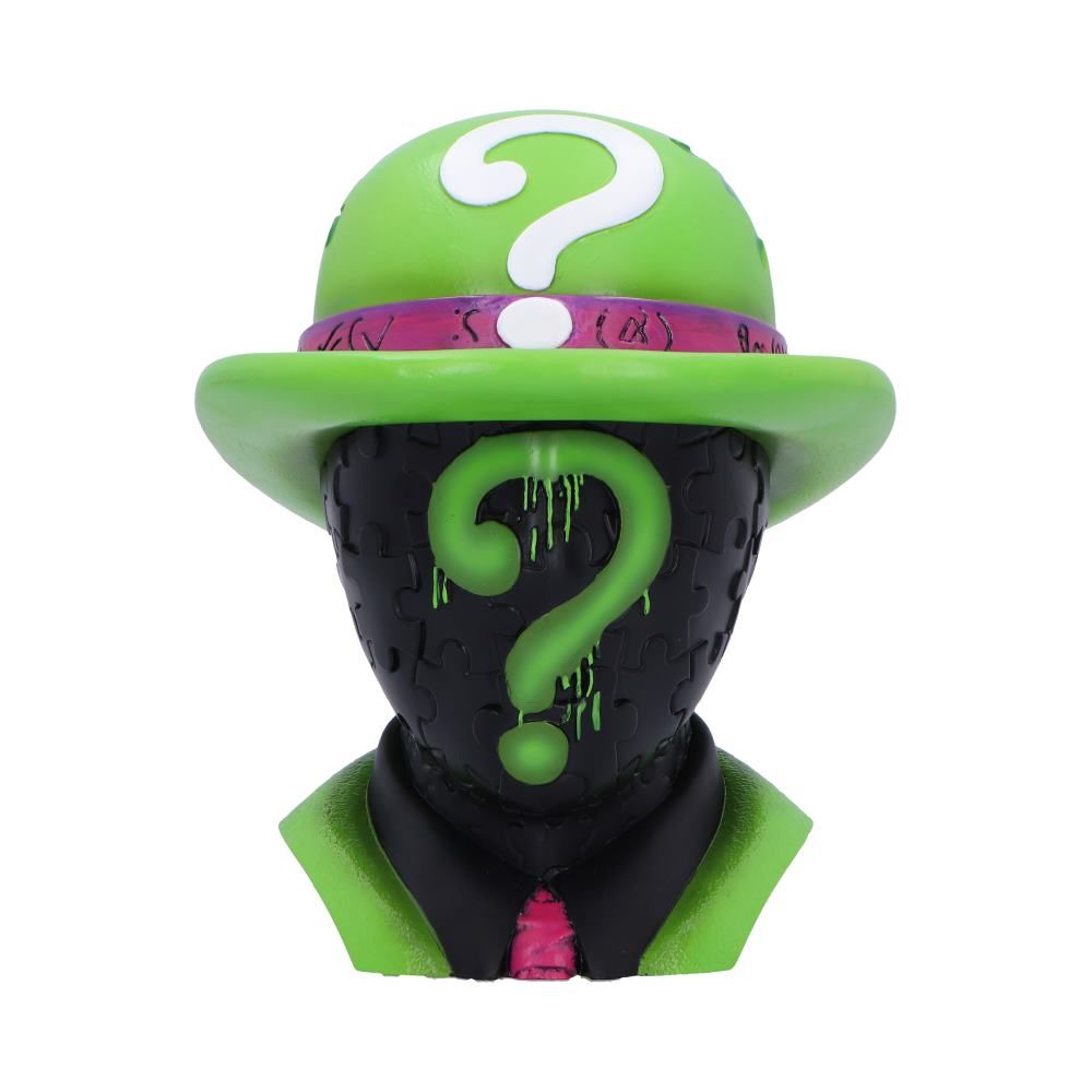 Toy figure of The Riddler with green hat and suit on a white background