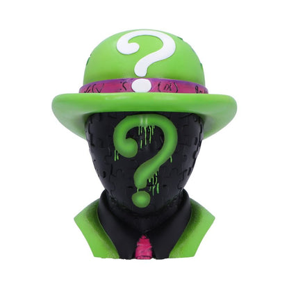 Toy figure of The Riddler with green hat and suit on a white background
