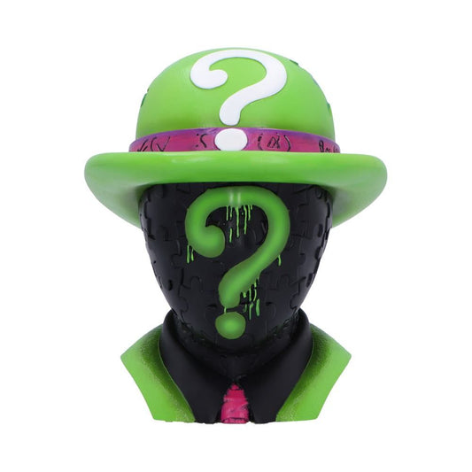 Toy figure of The Riddler with green hat and suit on a white background