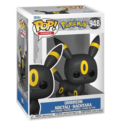 Funko Pop! Games Pokémon Umbreon vinyl figure number 948 in its original window box packaging, featuring the black and yellow Eeveo descendant with signature yellow eyes and ear tips.