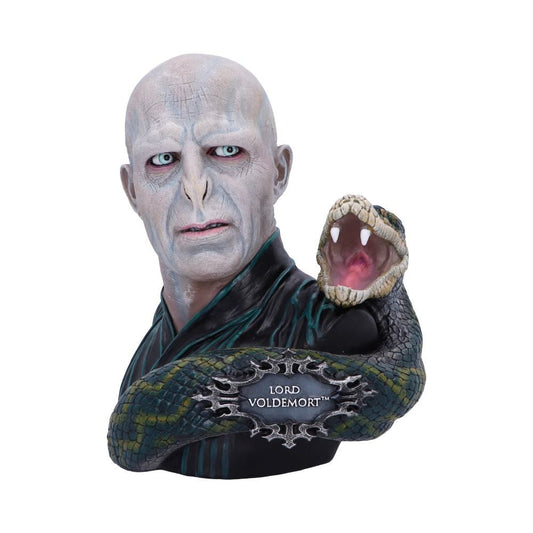 Statue of a character holding a snake with 'Lord Voldemort' inscription on a white background