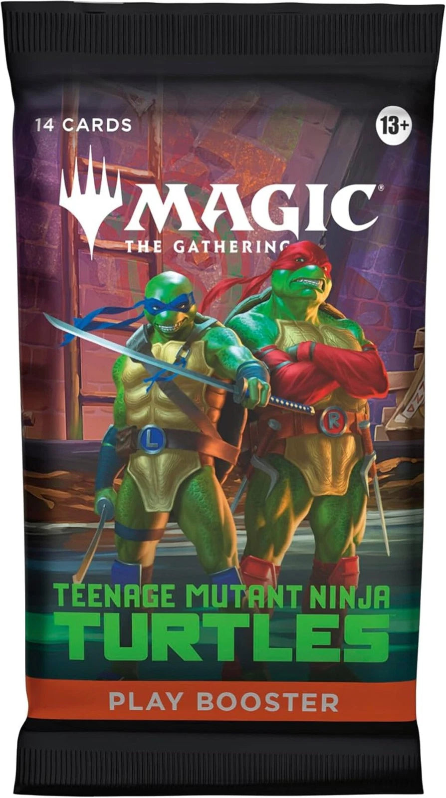Magic: The Gathering Teenage Mutant Ninja Turtles play booster pack featuring artwork of Leonardo and Michelangelo on the front, with '14 Cards' and 'Play Booster' text.