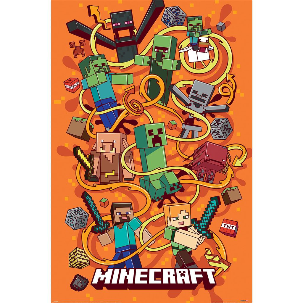 Minecraft character poster with various characters and items on an orange background