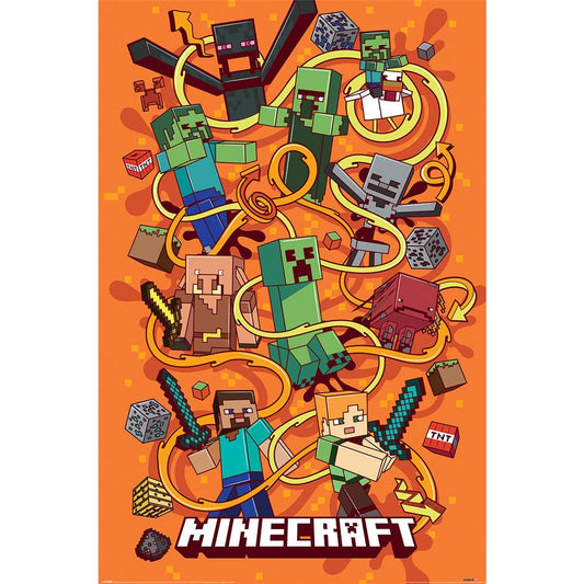Minecraft character poster with various characters and items on an orange background