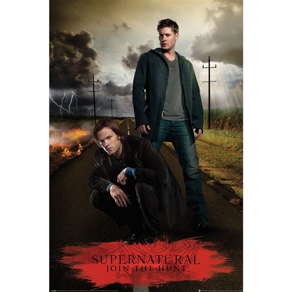 Two characters from 'Supernatural' standing on a road with a dramatic sky and lightning.