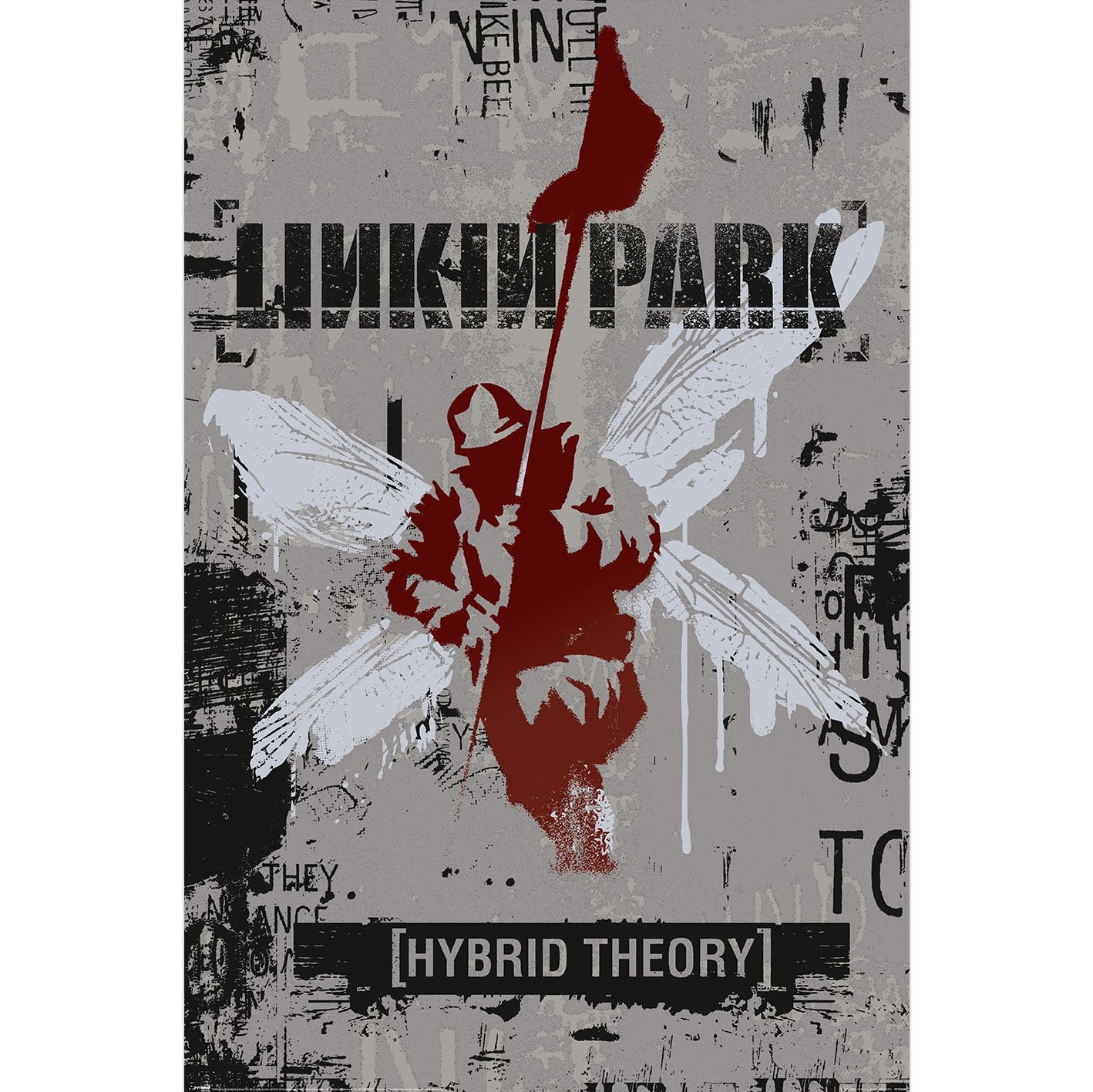 Album cover for Linkin Park's 'Hybrid Theory' featuring a distressed gray background with black graffiti-style text, a white winged insect silhouette, and a central dark red abstract figure.
