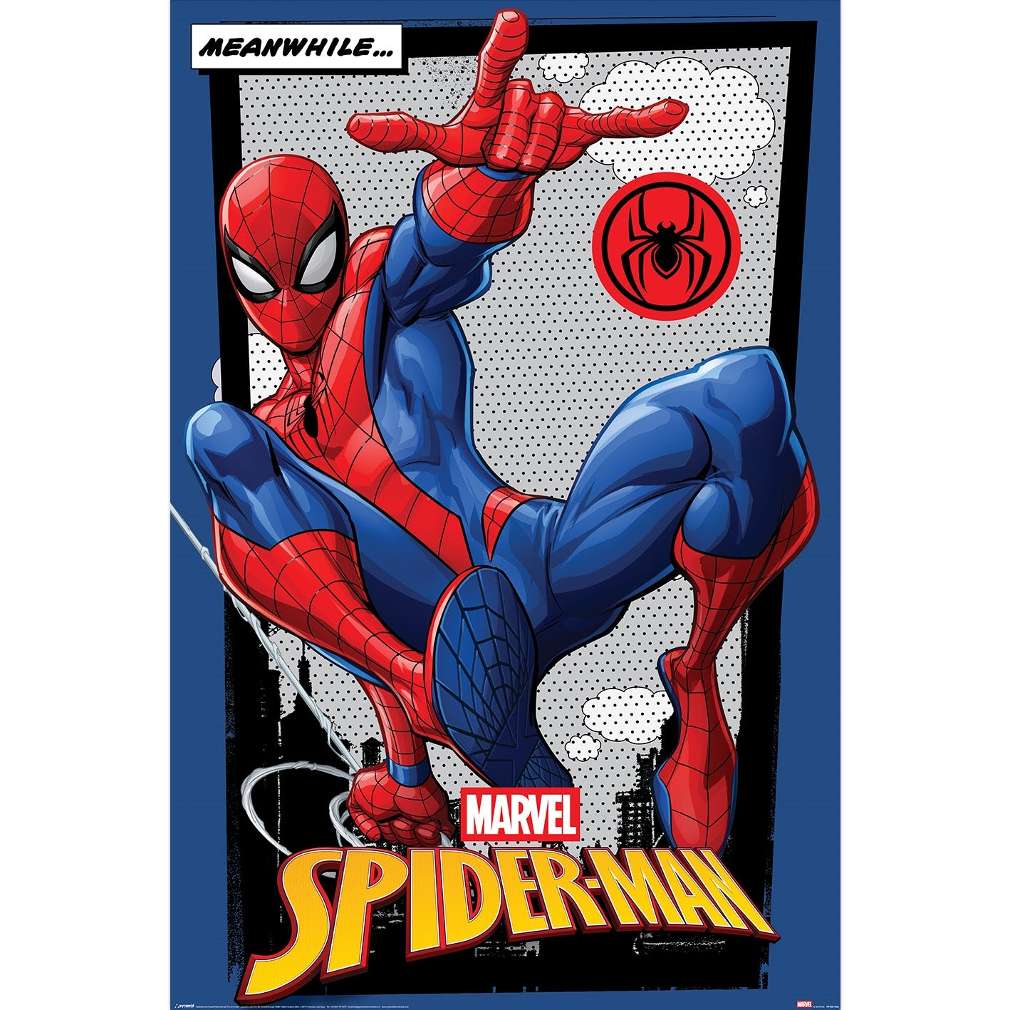 A Marvel Spider-Man poster featuring Spider-Man in a dynamic pose, with the words 'MEANWHILE.
