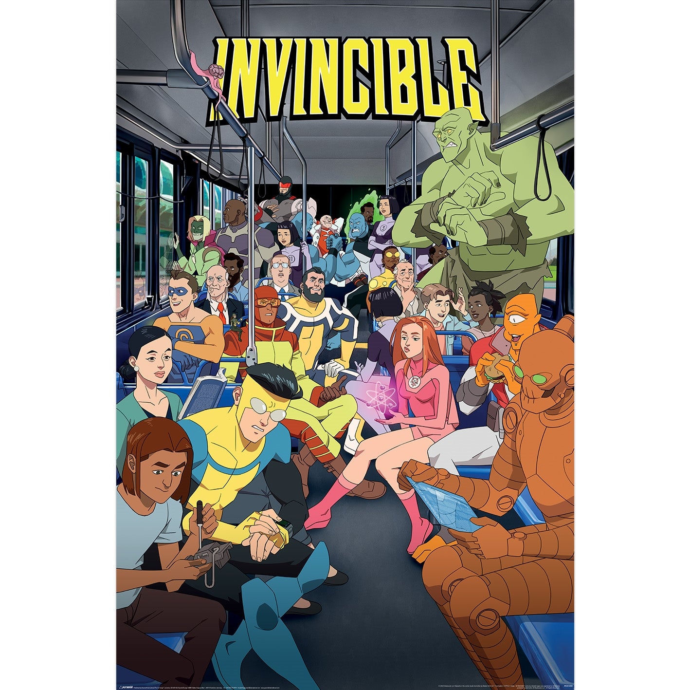 Poster of 'Invincible' with characters on a bus, featuring the title at the top.