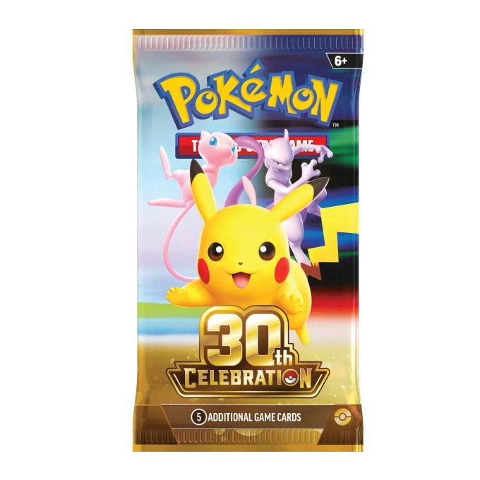 A Pokémon Trading Card Game booster pack featuring Pikachu, Mew, and Evolving Skies artwork with a '30th Celebration' title and '5 Additional Game Cards' text.