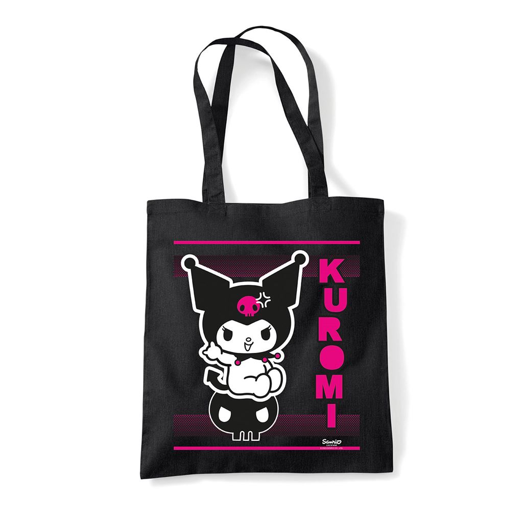 Black tote bag with a character design and 'Kuromi' text on a white background