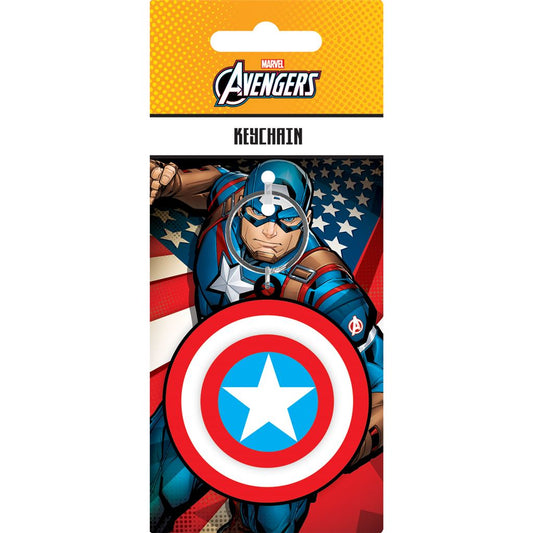 Marvel Avengers keychain packaging with Captain America design on a white background