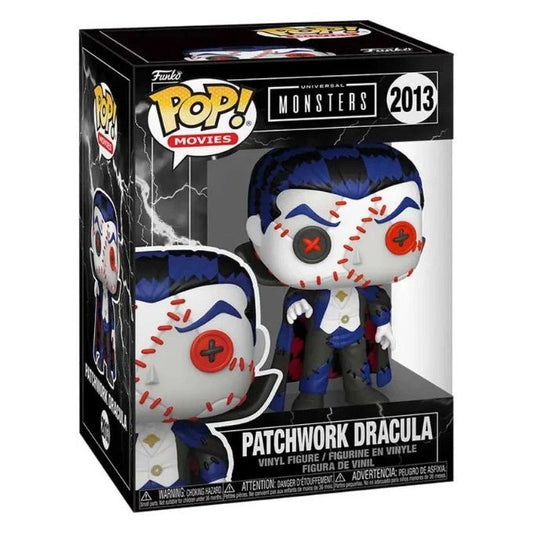 Funko Pop! Movies Monsters Patchwork Dracula vinyl figure in its original packaging, featuring blue hair, white face with red stitched details, and a blue-and-white suit.