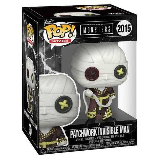 Funko Pop! Movies Universal Monsters Patchwork Invisible Man vinyl figure in its original window box packaging, featuring a white mummy-style head with one red and one yellow button eye, and a brown and yellow patterned body.