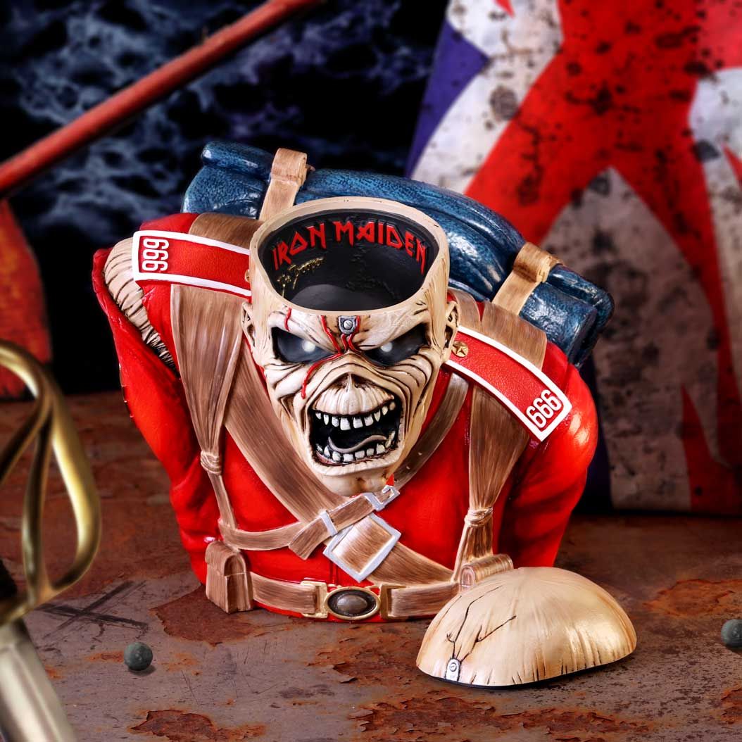Iron Maiden figurine with a British flag in the background