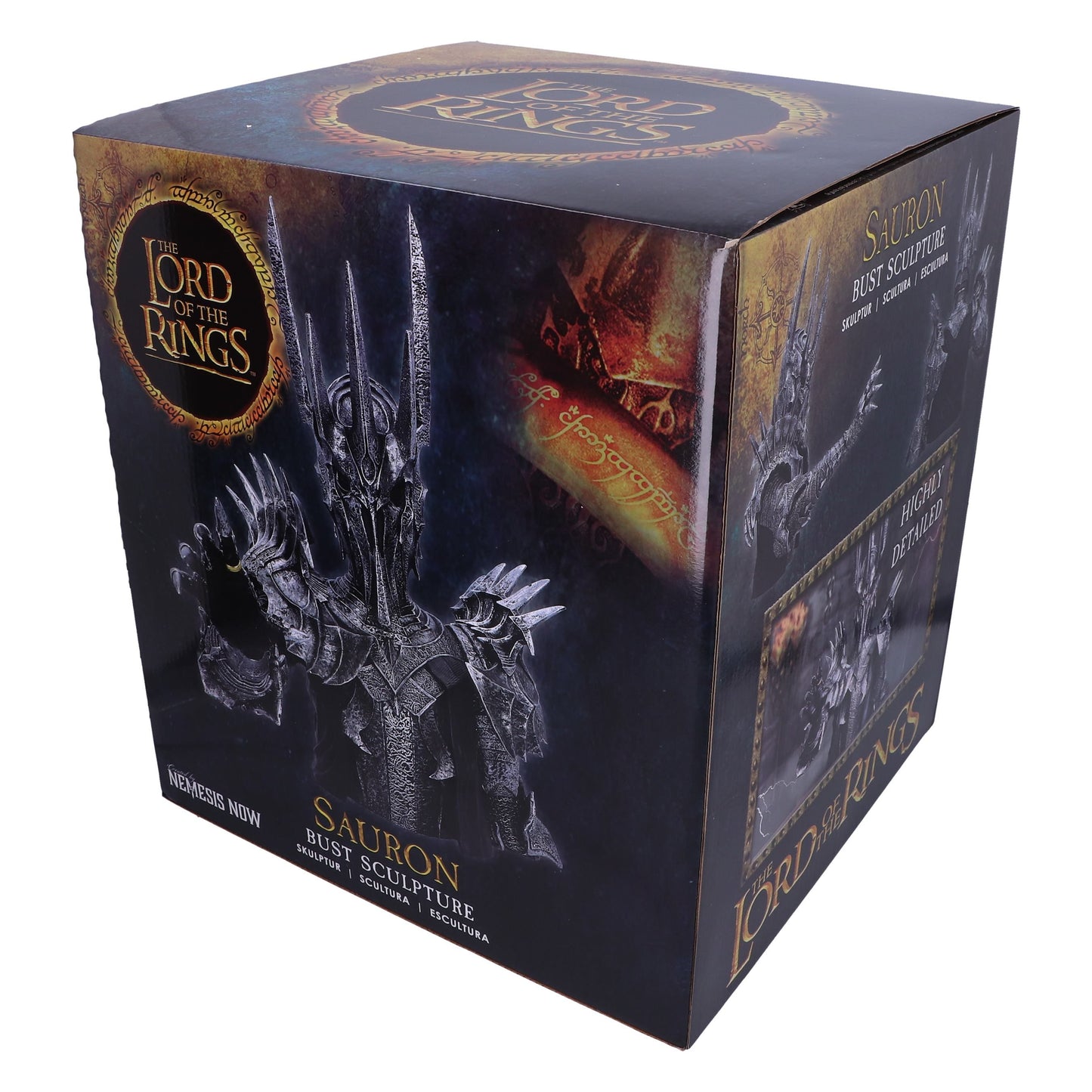 Box packaging for a 'Lord of the Rings' Sauron bust sculpture with detailed graphics.
