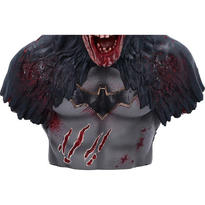 Bust of a character with a dark cape and bloodstains on a white background