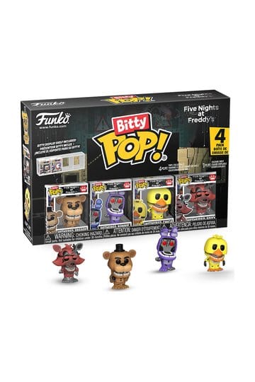 Funko Bitty Pop! Five Nights at Freddy's 4-pack mystery box with four small collectible figures displayed in front on a white background.