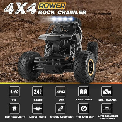 2 Batteries 1:12 Rock Crawler Rechargeable Off Road Truck 4WD Metal Shell LED Headlights RC Remote Control Off Road Car Truck - KOOLTHINGS