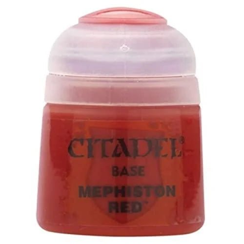 Red paint can labeled 'Citadel Base Mephiston Red' with a pink lid on a white background
