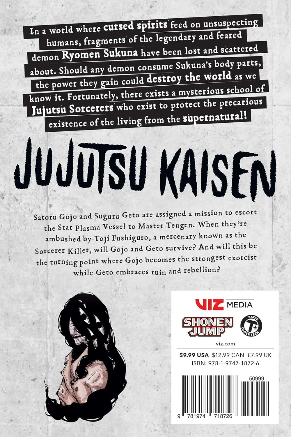Back cover of 'Jujutsu Kaisen' with text and character illustration.