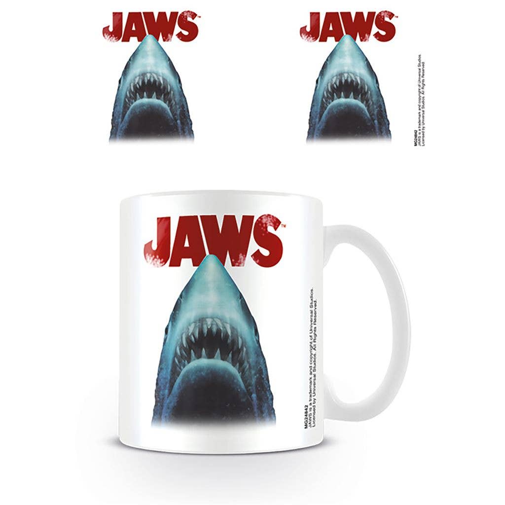 Mug with 'Jaws' shark design and text on a white background