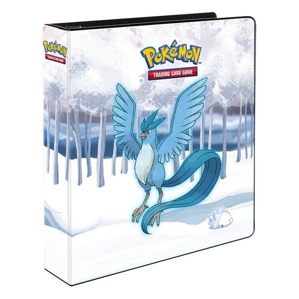 Pokémon trading card game binder with a blue creature illustration on a snowy landscape background
