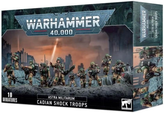 Warhammer 40,000 Cadian Shock Troops miniatures box with soldiers and landscape.
