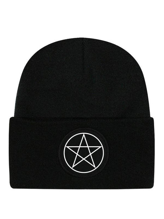 Black beanie with a pentagram symbol on a white background