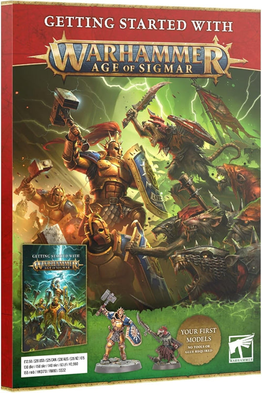 Book cover of 'Getting Started with Warhammer Age of Sigmar' featuring fantasy characters and models.