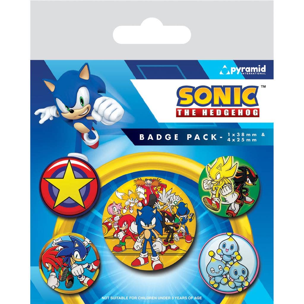 Sonic the Hedgehog badge pack with characters on a blue and white background