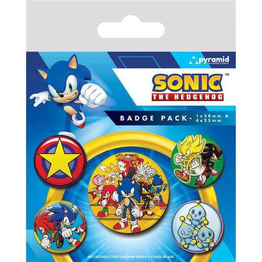 Sonic the Hedgehog badge pack with characters on a blue and white background