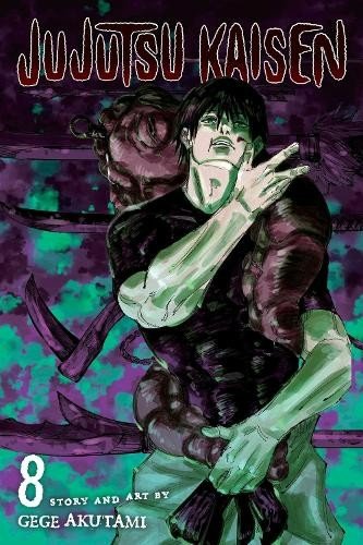 Cover of 'Jujutsu Kaisen' Volume 8 with a character in a dark outfit and green hands.