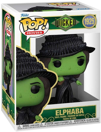 Funko Pop! vinyl figure packaging featuring Elphaba from Wicked, with green and black design.