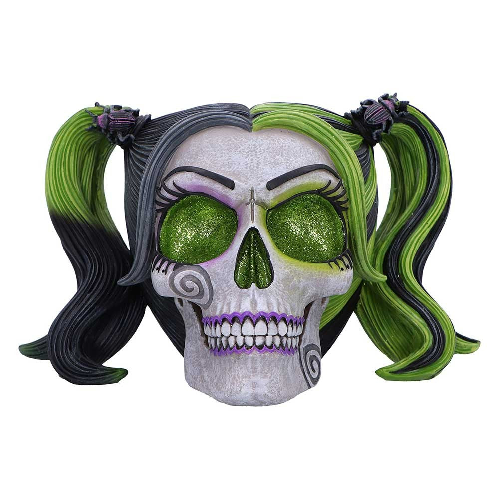 Skull with green and black hair styled in pigtails on a white background