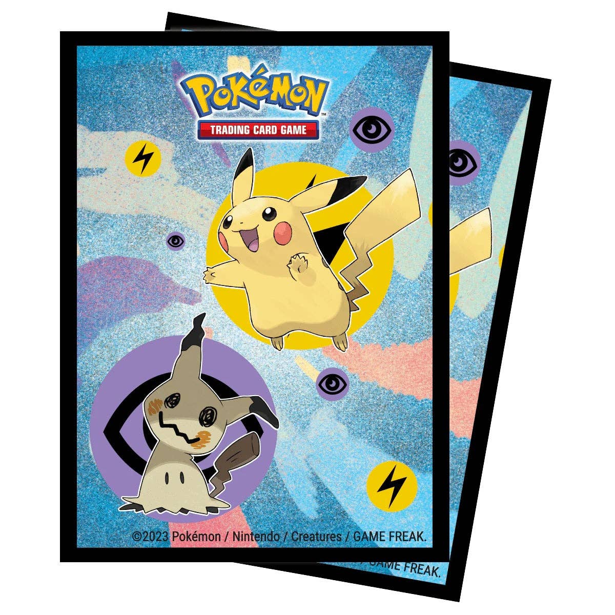 Two Pokémon trading card game sleeves featuring Pikachu and another character on a colorful background.