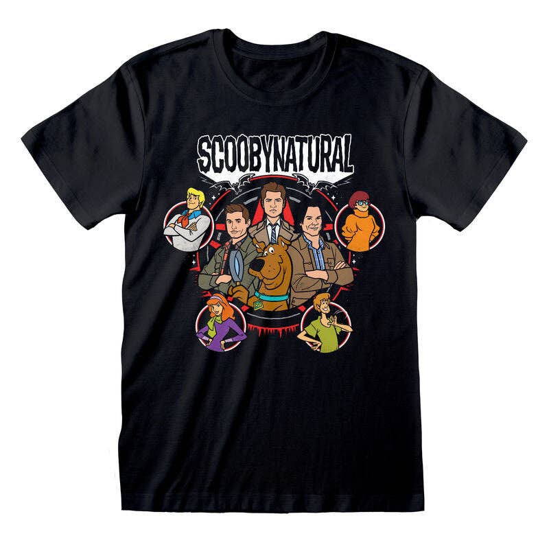 Black t-shirt with 'Scoobynatural' graphic design featuring characters and text on a white background.