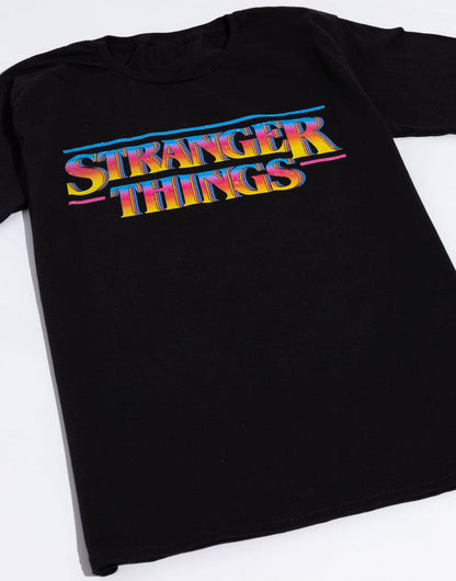 Stranger Things Mens Black Retro Logo Short Sleeved T-Shirt - KOOLTHINGS