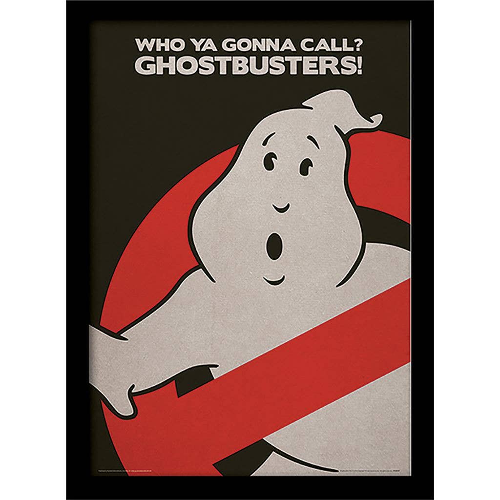Ghostbusters poster with ghost character and text 'Who ya gonna call? Ghostbusters!' on a black background.
