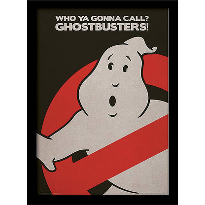Ghostbusters poster with ghost character and text 'Who ya gonna call? Ghostbusters!' on a black background.