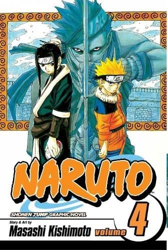 Cover of 'Naruto' manga volume 4 with two characters and decorative border.