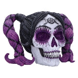 Skull with purple hair and purple eyes on a white background
