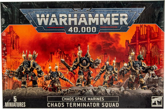 Warhammer 40,000 Chaos Space Marines Chaos Terminator Squad packaging with fiery background